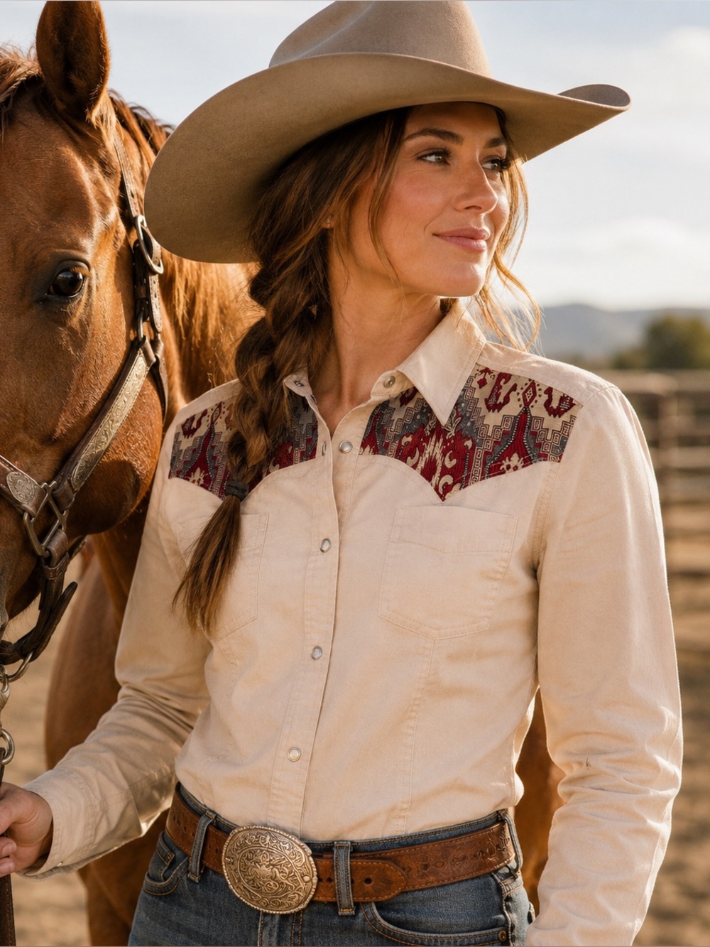 Wrangler Generation West burgundy Tapestry Yoke Beige Tan Western Snap Shirt, M